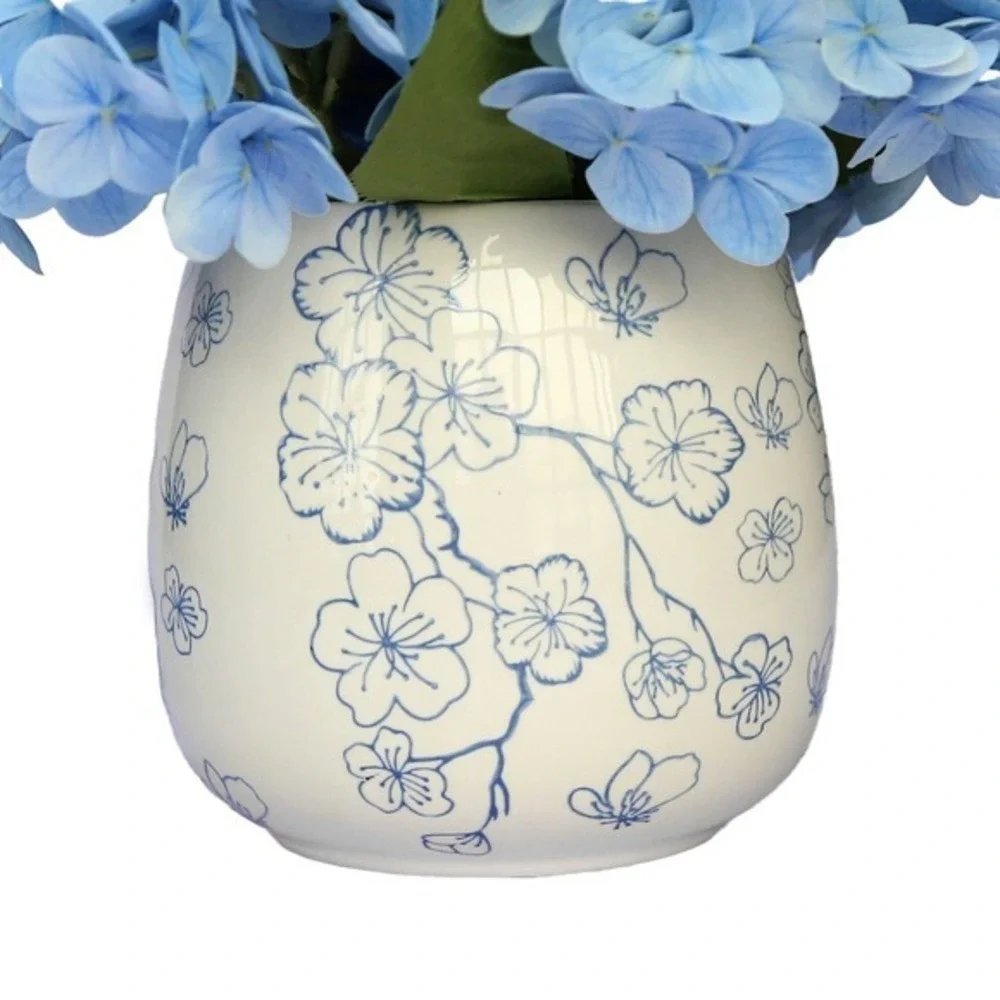 My Texas House Faux Hydrangeas Floral Vase, Blue White 9.5in • NWT
